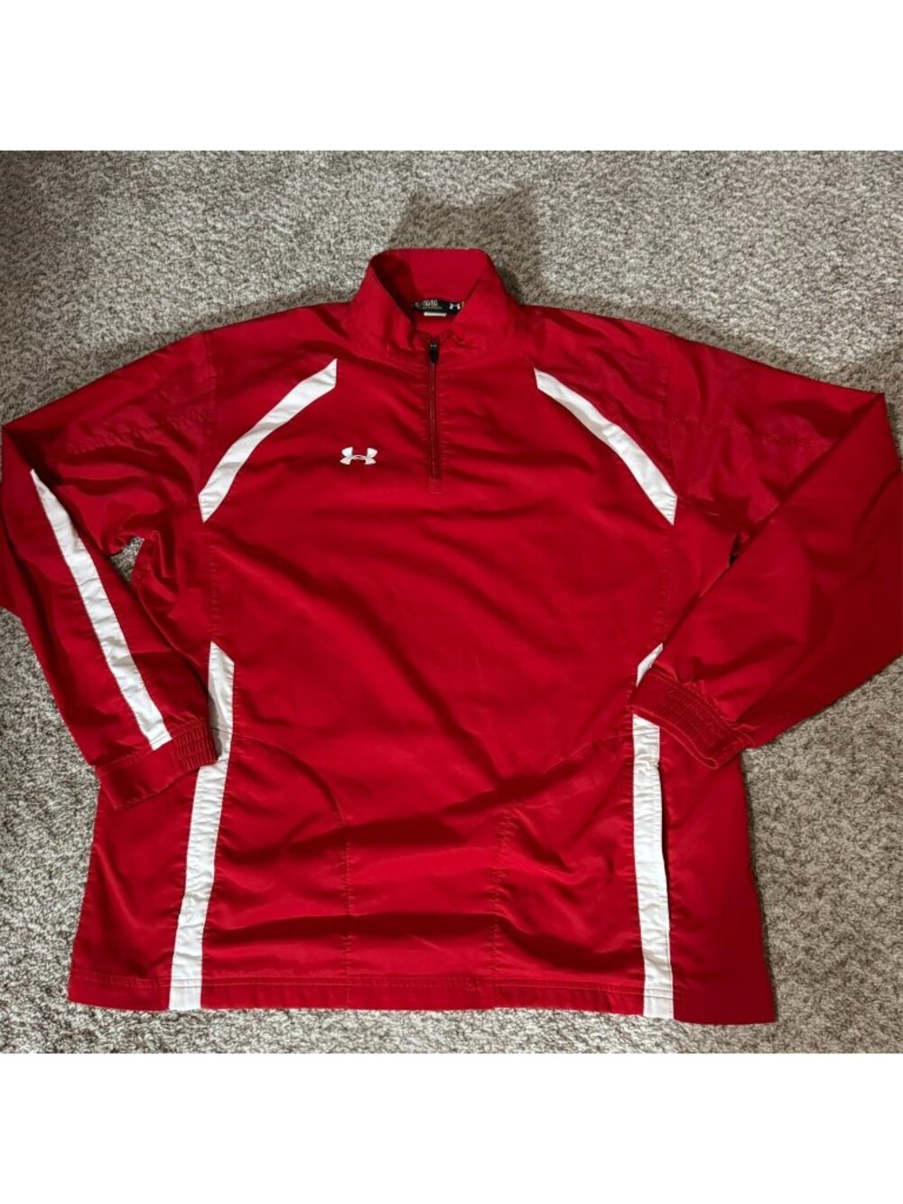 Under Armour Windbreaker Mens XL Red White Quarter Zip Loose Fit Pullover Jacket